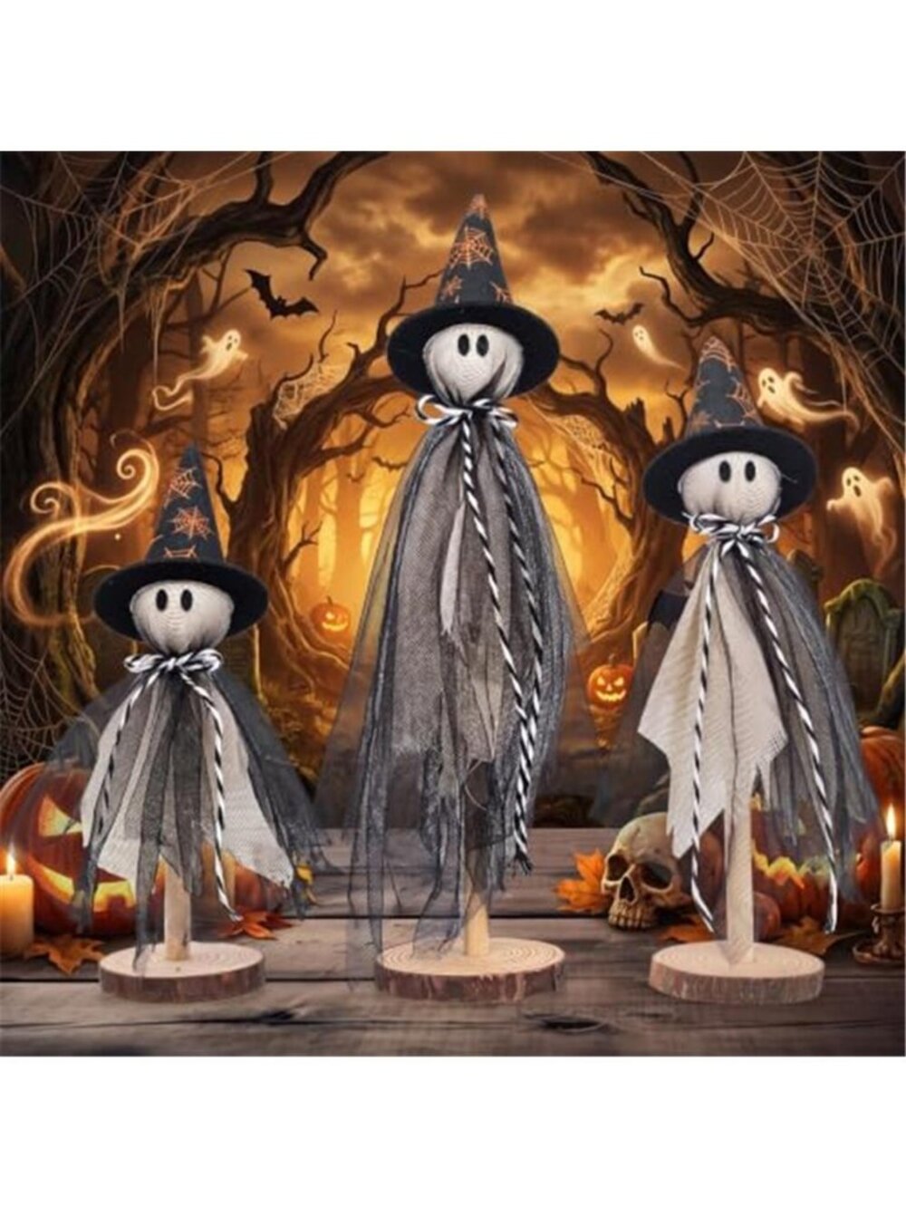 Redbaker 3 Pcs Halloween Decorations Indoor, Primitive Ghost with Witch Hat